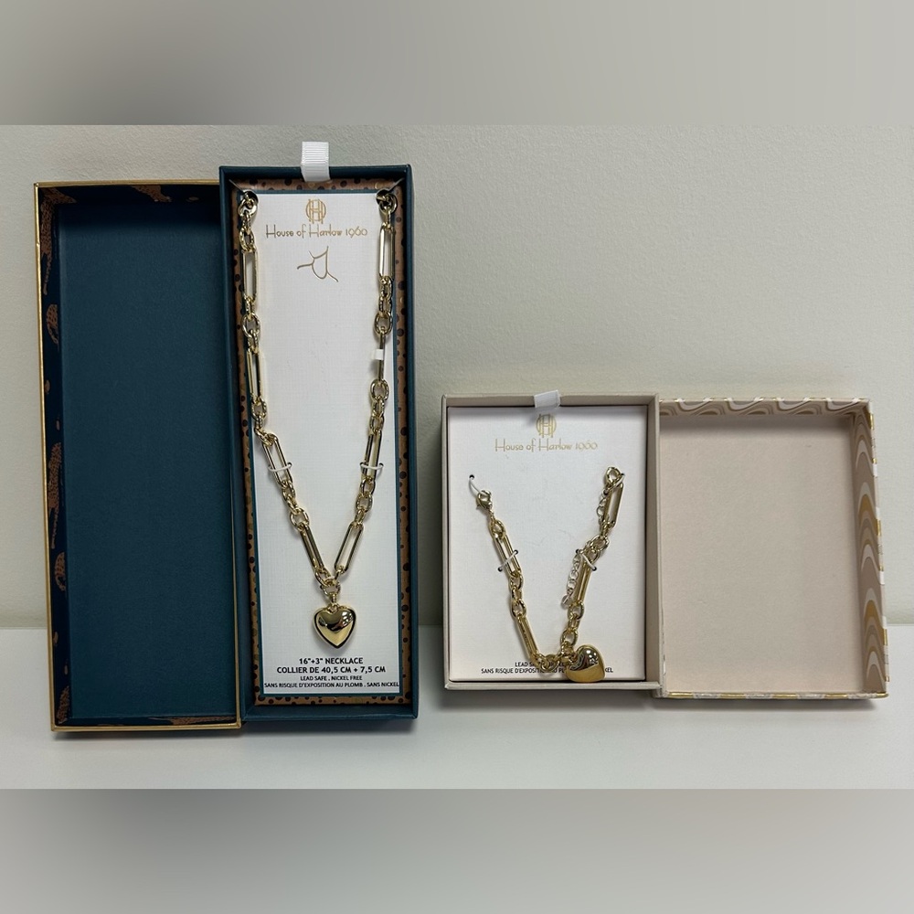 NWT House of Harlow 1960 Gold-Tone Heart Charm Chain Necklace and Bracelet Set